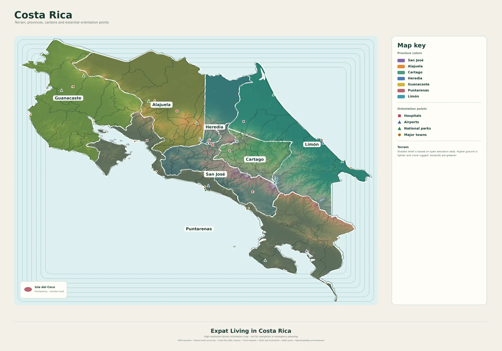 Terrain and province map of Costa Rica